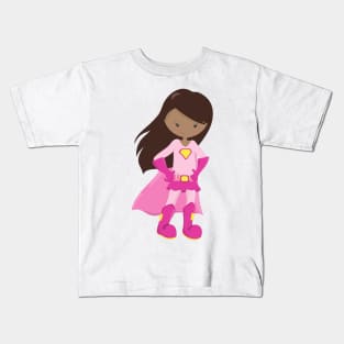 African American Girl, Pink Cape, Superhero Girl Kids T-Shirt